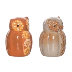 Transpac Harvest Owl With Flowers Dolomite Salt And Pepper Shakers Collectables Brown 3.25 In. Set Of 2