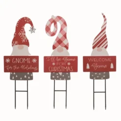 Transpac Set Of 3 Metal Christmas Gnome Yard Stakes Decorative Garden Decor Festive Red Gnomes For Holiday Cheer