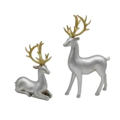 Transpac Set Of 2 Silver Resin Reindeer Figurines For Christmas Tabletop Decor Elegant Holiday Gifts Indoor Use
