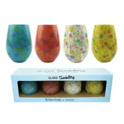 Transpac Glass 18 Oz Flower Print Glasses Set Of 4 Home Decorations Spring