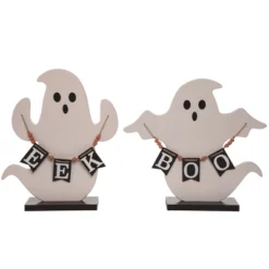 Transpac Plywood Ghost Figurines With Banner Set Of 2 Halloween Indoor Decor Multicolored Tabletop Gifts Easy Care