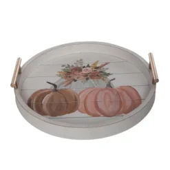 Transpac MDF Pumpkin Florals Round Serving Tray For Fall Harvest Decor Multicolor Tabletop Use Hand Wash Only