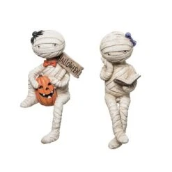 Transpac Resin Mummy Sitter Figurines Set Of 2 Halloween Decor For Tabletop And Mantel Unique Gift Ideas