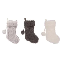 Transpac Faux Fur Christmas Stocking Set Of 3 Holiday Home Decorations Polyester Cozy Festive Decor