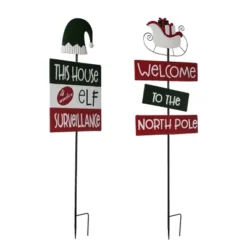 Transpac Metal Elf And North Pole Yard Stake Set Of 2 Christmas Home Decorations For Garden Iron Stakes