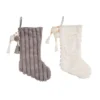 Transpac Cozy Fabric Textured Christmas Stocking Set Of 2 With Pom Poms Holiday Home Decorations