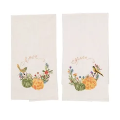 Transpac Fall Harvest Thanksgiving Pumpkin Embroidered Kitchen Towels Cotton