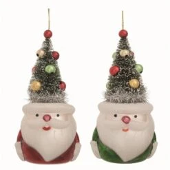 Transpac Glass Santa With Bottle Brush Hat Set Of 2 Decorative Christmas Figurines Multicolored Tabletop Decor