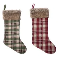 Transpac Green And Red Plaid Fabric Christmas Stockings Set Of 2 Holiday Home Decorations Polyester