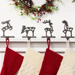 Transpac Metal Deer Stocking Holder Set Of 4 Multicolor Christmas Mantel Decoration For Indoor Holiday Decor