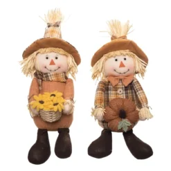 Transpac Plush Plaid Harvest Scarecrow Sitter Set Of 2 Decorative Figurines For Fall Indoor Tabletop Decor