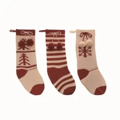 Transpac Red And White Knit Stocking Set Of 3 Christmas Home Decorations Holiday Stockings Polyester