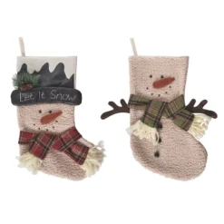 Transpac Plush Rustic Snowman Stocking Set Of 2 Christmas Home Decorations Holiday Stockings Polyester