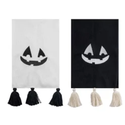 Transpac Fabric Waffle Pumpkin Face Tea Towel Set Of 2 Halloween Kitchen Textiles Cotton Home Decorations
