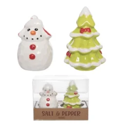 Transpac Ceramic Snowman And Tree Salt And Pepper Shaker Set Multicolor Christmas Tabletop Decor For Holiday Dining