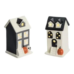 Transpac Large Dolomite Light Up Halloween House Set Of 2 Decorative Sculptures Ceramic Multicolor Battery Operated