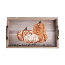 Transpac Wood 15.75 In. Multicolored Harvest Plump Pumpkin Tray