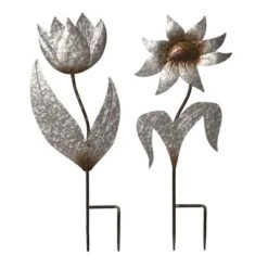 Transpac Set Of 2 Metal Garden Flower Yardstakes Decorative Silver Stakes For Indoor Outdoor Use Perfect Gift Idea