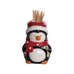 Transpac Ceramic Penguin Toothpick Holder Fun Kitchen Accessory Multicolor Decorative Gift For Christmas And Hostess