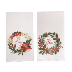Transpac Embroidered Christmas Flourish Tea Towel Multicolored Cotton Kitchen Towel For Holiday Decor And Gift Giving
