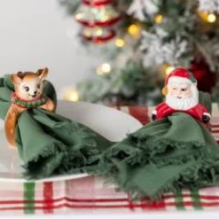 Transpac 8.25 In Holiday Vintage Santa Reindeer Napkin Rings Set Of 4 Dolomite Kitchen Holders For Festive Dining