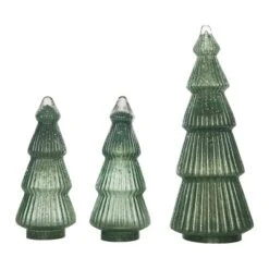 Transpac Light Up Glass Green Glitter Trees - Set Of 3 Decorative Christmas Objects For Festive Home Decor