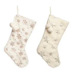 Transpac Plush Fuzzy Silver And Gold Snowflake Stocking Set Of 2 Christmas Home Decorations Holiday Stockings Polyester