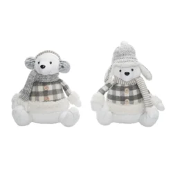 Transpac Plush Polar Bear Sitter Set Of 2 Christmas Home Decorations Soft Polyester Holiday Decor