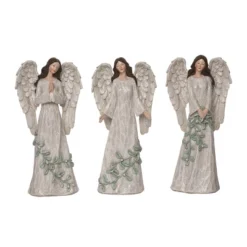 Transpac Set Of 3 Greenery Angel Figurines Christmas Home Decorations Resin Decorative Objects